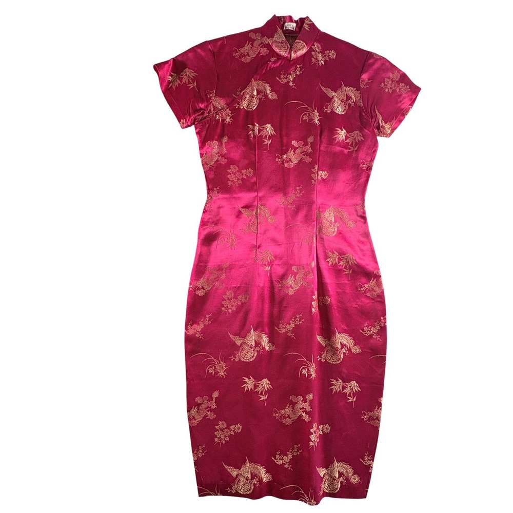 Vintage Red Gold Brocade Cheongsam Qipao Dress Made in Hong Kong XS S‎